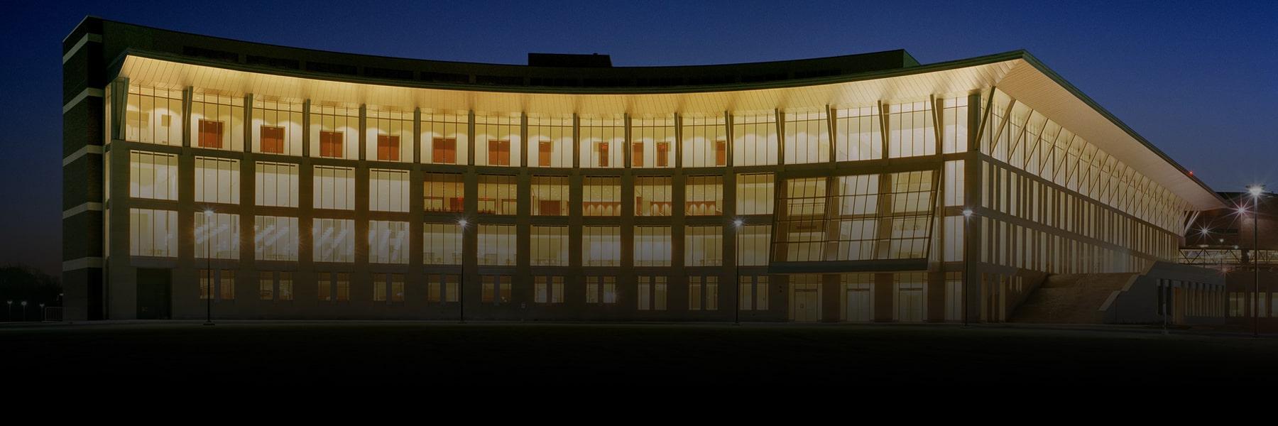 Campus Center illuminated at night