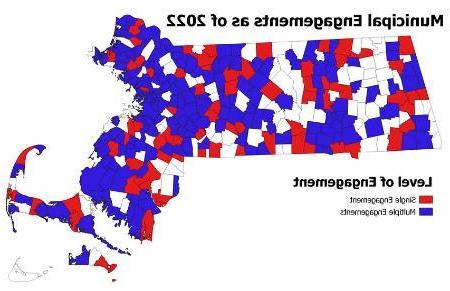 Map of Massachusetts describing where the Collins Center has worked as indicated by various shades of different colors in 2022.